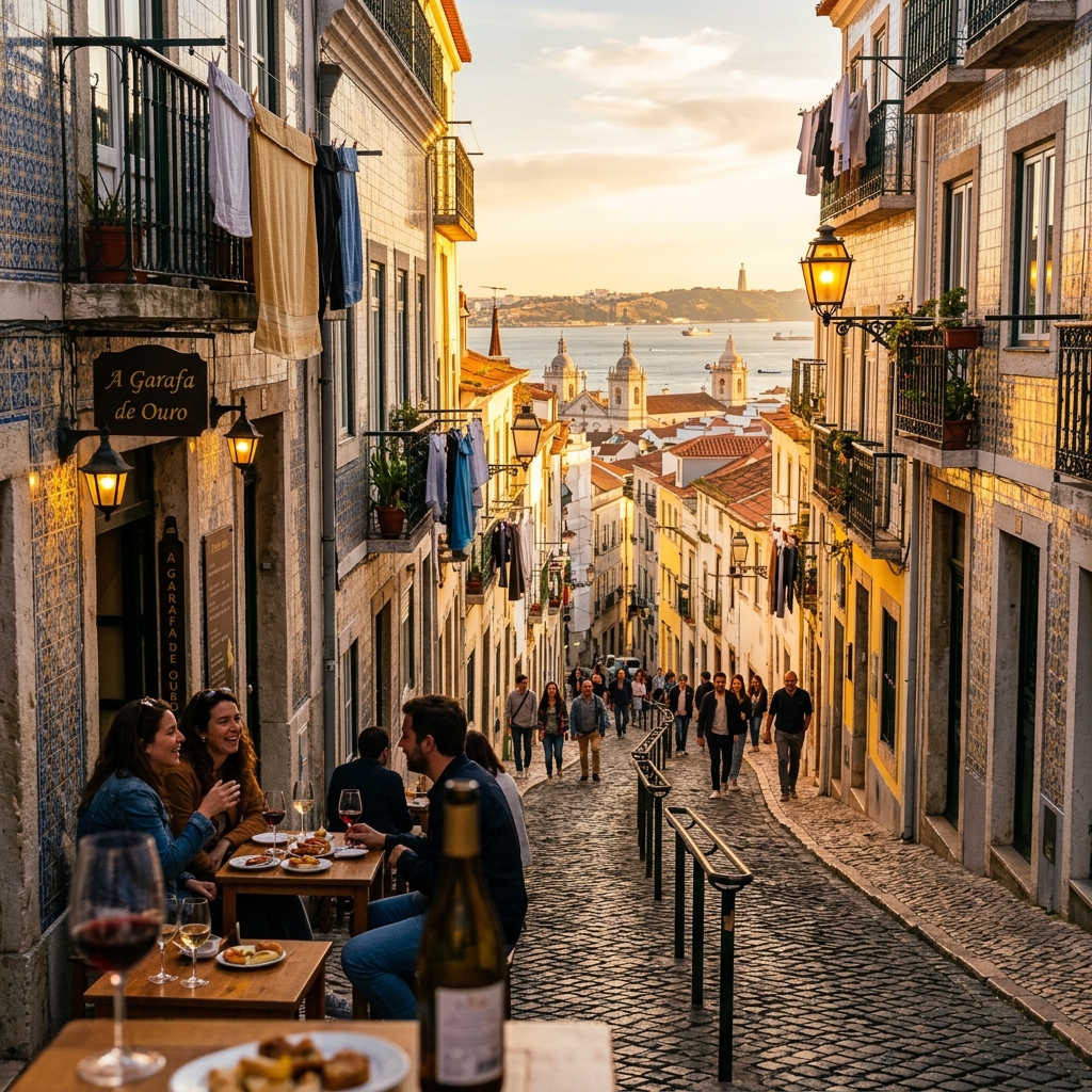 Wine bar terrace in Graça, Lisbon at golden hour